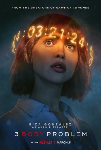 Eiza Gonzalez in '3 Body Problem' TV show promo wallpaper with a mysterious glowing numerals halo, from the creators of Game of Thrones, available on Netflix March 21.