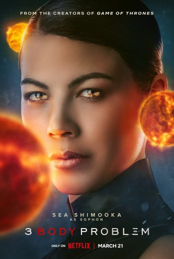 3 Body Problem TV show promotional wallpaper featuring a close-up of a female character with cosmic bodies in the background, streaming on Netflix March 21.