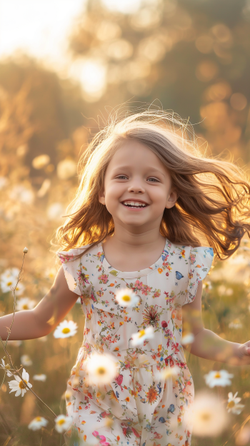 A joyful child in a floral summer dress runs through a field of daisies, her hair flowing in the breeze, embodying the carefree spirit of sunny days.