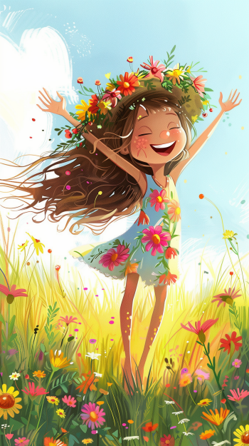 A joyful child in a floral summer dress, adorned with a flower crown, dances in a vibrant field of flowers, radiating happiness and warmth against a bright sky.