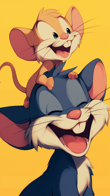 Tom and Jerry phone wallpaper featuring an animated Jerry sitting triumphantly on top of Tom's head with a bright yellow background.