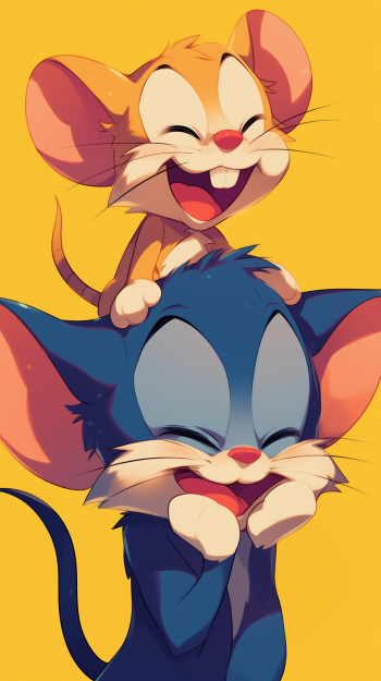 Tom and Jerry phone wallpaper featuring a happy Jerry on top of Tom's head against a vibrant yellow background.