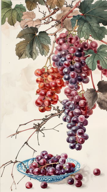 Elegant phone wallpaper featuring a cascade of ripe, red grapes on a vine with green leaves, and some grapes resting in a blue-patterned bowl.