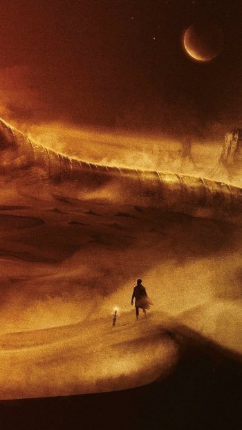 Dune 2021 movie-inspired phone wallpaper featuring a silhouette on a desert with planets in the sky