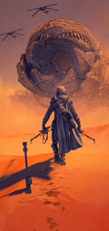 Dune 2021 movie wallpaper featuring a character facing a giant sandworm on the desert planet Arrakis, with ornithopters flying overhead.