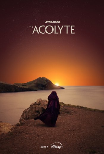 The Acolyte TV show poster with cloaked figure overlooking a sunset on a coastal landscape, for a phone wallpaper.