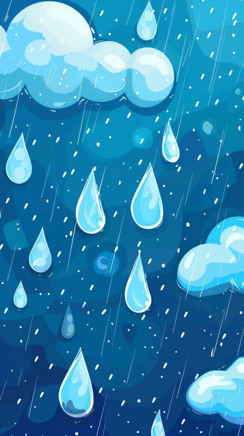 A vibrant phone wallpaper featuring raindrops cascading against a deep blue background, surrounded by fluffy clouds, creating a serene, refreshing atmosphere.