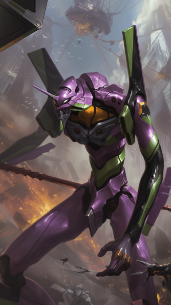 Anime wallpaper featuring Evangelion Unit-01 from Neon Genesis Evangelion poised for action.