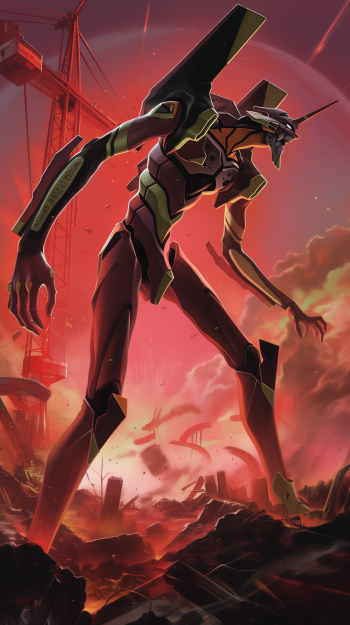 Neon Genesis Evangelion Unit-01 anime robot mobile wallpaper with a dramatic red sky backdrop.