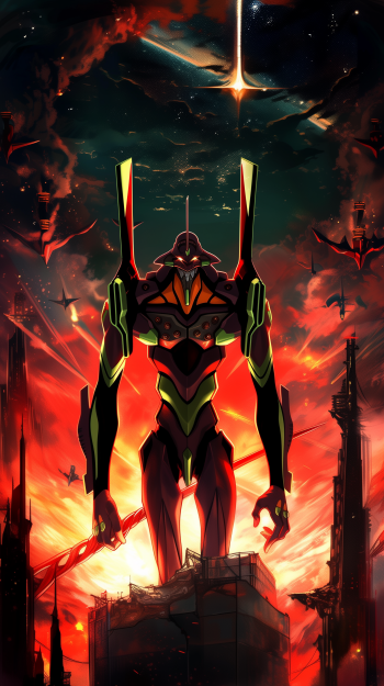 Anime phone wallpaper featuring Evangelion Unit-01 from Neon Genesis Evangelion standing heroically against a dramatic backdrop with fiery skies and falling stars.