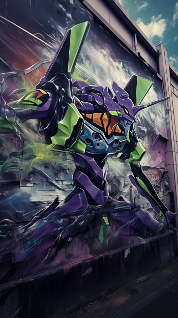 Neon Genesis Evangelion Unit-01 depicted in a dynamic, graffiti-style artwork optimized as a phone wallpaper.