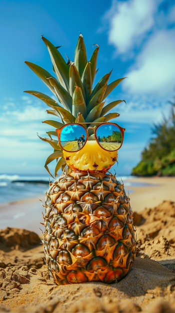 Fun pineapple with sunglasses on a sunny beach for a tropical-themed phone wallpaper.