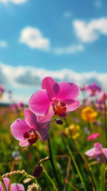 A vibrant pink orchid blooms amidst a colorful field of flowers under a bright blue sky, making a stunning phone wallpaper that captures nature's beauty.