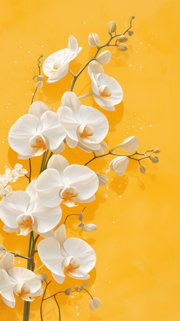A vibrant phone wallpaper featuring elegant white orchids against a cheerful yellow background, showcasing delicate blooms and buds for a fresh, floral touch.