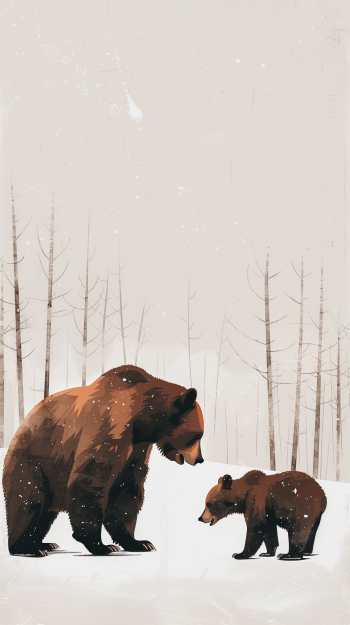 Illustration of a brown bear and cub in a snowy forest setting, suitable as a wildlife-themed phone wallpaper.