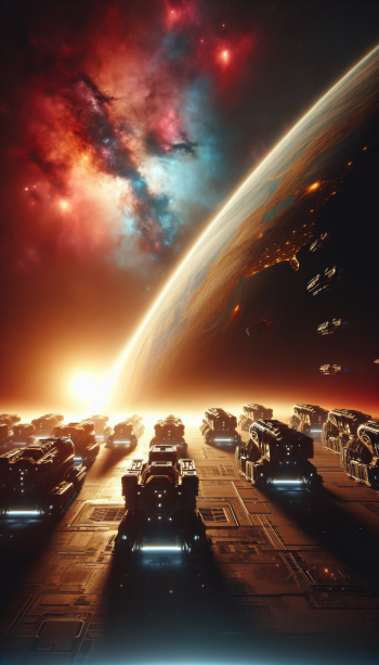 Phone wallpaper depicting an artistic planetary defense fleet in orbit against a vibrant cosmic backdrop of stars and nebulae.