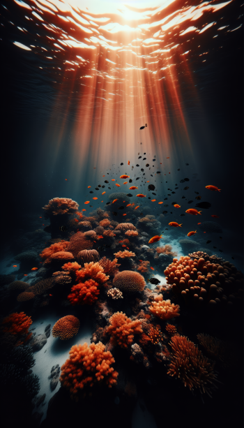 Mystical underwater seascape with vibrant coral and sunbeams for mobile wallpaper use, showcasing beautiful underwater photography.