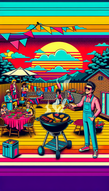 Colorful phone wallpaper showing an animated BBQ scene with people dining outdoors.