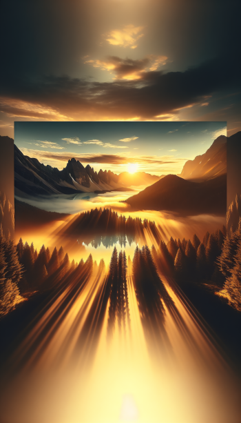 A serene mountain landscape at sunset, featuring golden light cascading over trees and a tranquil lake, serves as an inspiring phone wallpaper for relaxation.