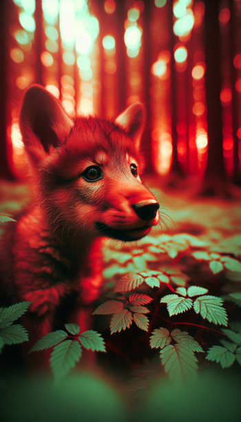 A close-up of a wolf cub amidst lush foliage, set in a vibrant forest with warm tones. This captivating image makes for a striking phone wallpaper.