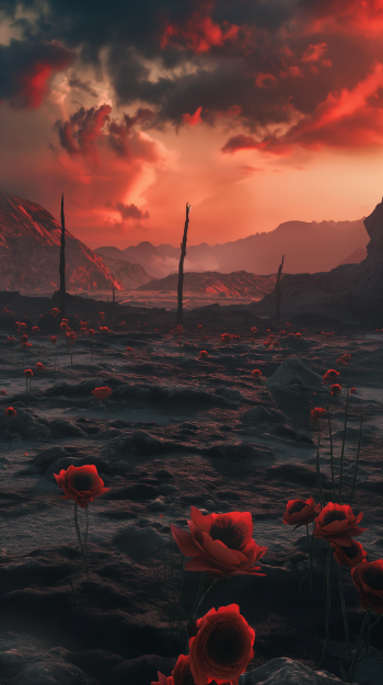 Post-apocalyptic landscape phone wallpaper depicting burnt terrain with red poppy flowers under a dramatic red sky.