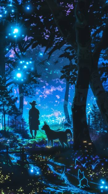 Enchanting phone wallpaper featuring a mystical forest scene with bioluminescent flora, a dog, and a bunny under a starry night sky.