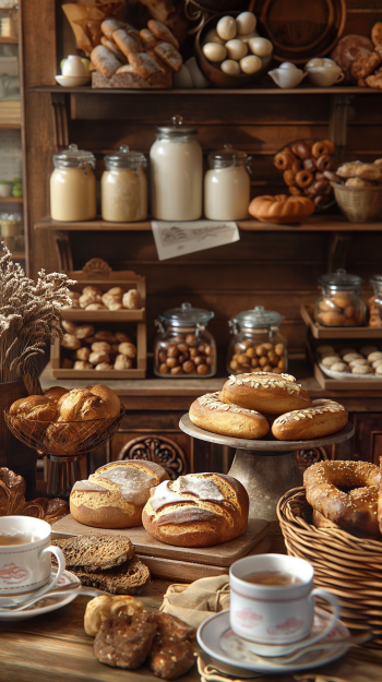 A cozy bakery scene featuring assorted breads, pastries, and cups of tea, showcasing the warmth of sourdough and freshly baked goods against a rustic wooden backdrop.