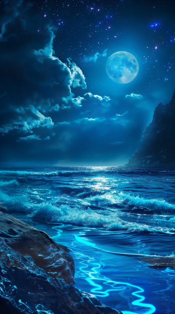 Bioluminescent waves under a full moon in an ocean scene phone wallpaper
