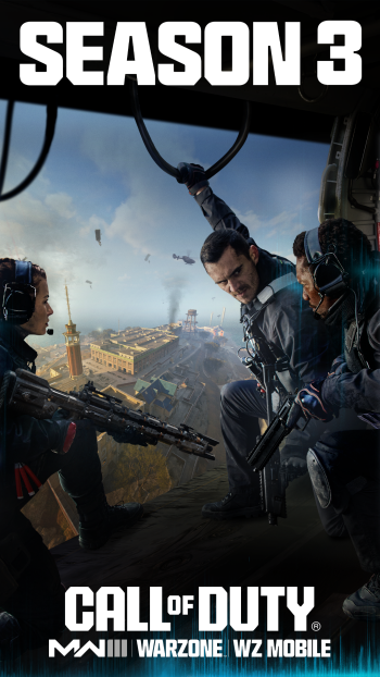 Phone wallpaper featuring Call of Duty: Modern Warfare III Season 3 with soldiers preparing for battle, helicopters and city background.