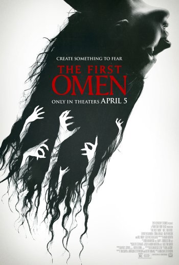 Promotional phone wallpaper for The First Omen movie featuring a dark silhouette with eerie figures, releasing in theaters April 5.
