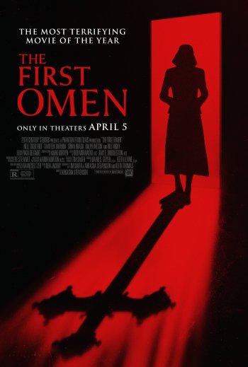 The First Omen movie poster featuring a shadowy figure with a mysterious cross shadow, with the release date April 5, designed as a phone wallpaper.