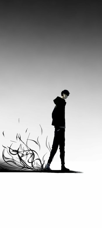 Anime phone wallpaper featuring a silhouette of Sung Jin-Woo from Solo Leveling with a dynamic shadow on a minimalist background.
