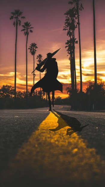 Silhouette of a figure holding a sword stands on a road lined with palm trees, set against a vibrant sunset. Inspired by the anime Solo Leveling and featuring Sung Jin-Woo.