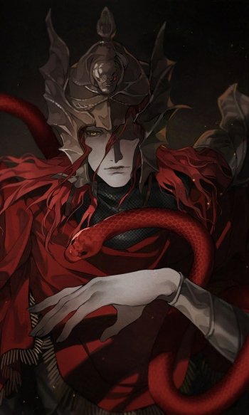 Elden Ring-inspired phone wallpaper featuring the ominous character Messmer the Impaler with a red snake.