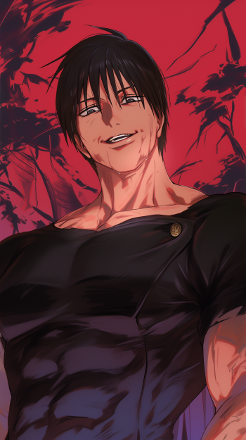 Anime wallpaper featuring Toji Fushiguro from Jujutsu Kaisen, showcasing his confident smile against a dramatic red background.