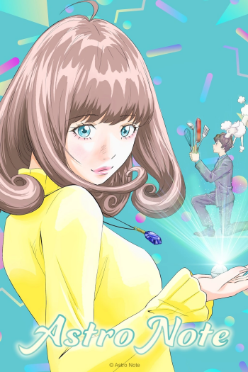 Anime-style phone wallpaper featuring a girl with brown hair and a yellow top from Astro Note, artwork by Takumi Miyasaki, with a whimsical pastel background and abstract elements.