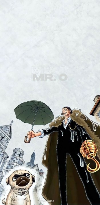 One Piece anime wallpaper featuring the character Crocodile, also known as Mr. 0, with a green umbrella and a pug beside Gothic-style architecture.