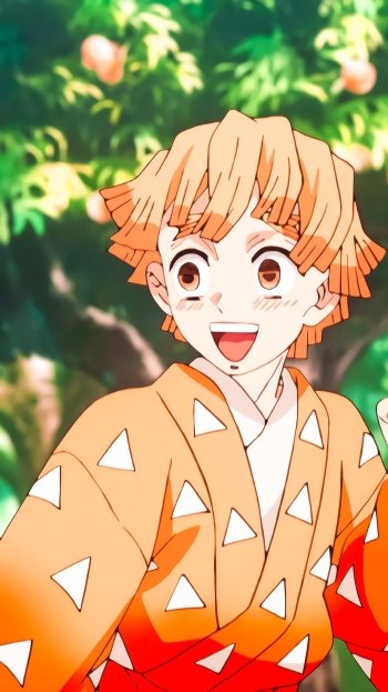 A vibrant phone wallpaper featuring Zenitsu Agatsuma from Demon Slayer: Kimetsu no Yaiba, showcasing his cheerful expression against a lush background.