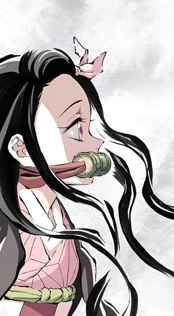 Anime character Nezuko Kamado from Demon Slayer: Kimetsu no Yaiba on a phone wallpaper, featuring her in a traditional pink outfit with bamboo gag.