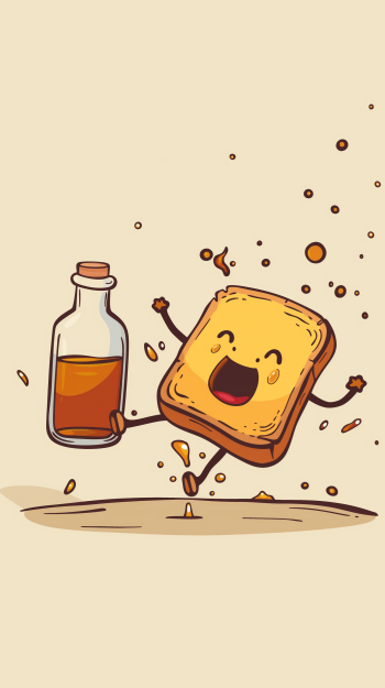 Animated smiling French toast with syrup splashes as a cute phone wallpaper.