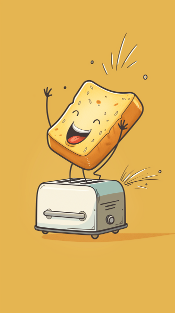 Happy slice of toast popping out of toaster phone wallpaper on a warm yellow background.