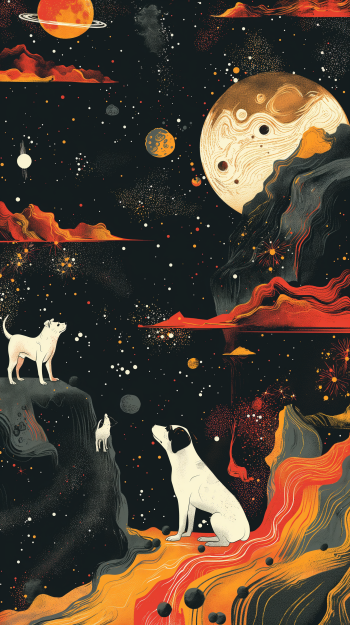 Artistic phone wallpaper featuring dogs in a whimsical space setting with planets and stars.
