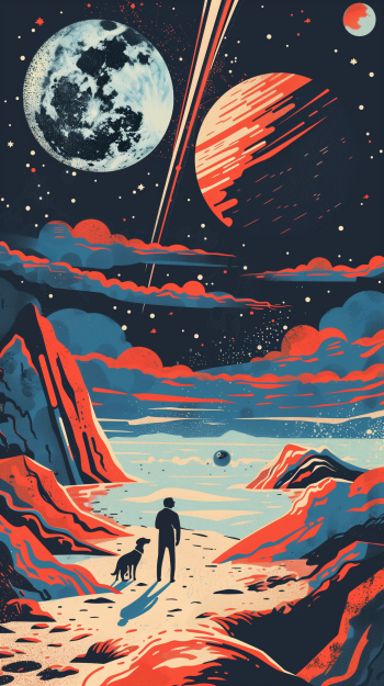 Stylized phone wallpaper featuring a person and a dog walking on a cosmic landscape with a detailed moon and planets in the starry sky.