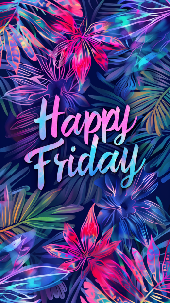Vibrant Happy Friday text overlay on a tropical leaf pattern background for a festive phone wallpaper.