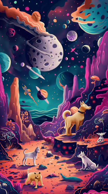 Colorful cosmic phone wallpaper featuring cartoon dogs exploring a vibrant space landscape with whimsical planets and stars.
