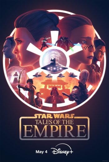 A vibrant phone wallpaper featuring characters from Star Wars: Tales of the Empire, showcasing iconic moments and symbols from the series, with the Disney+ logo and release date.