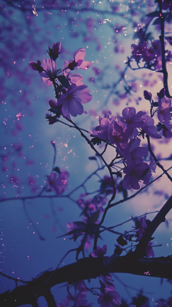 A serene spring wallpaper showcasing delicate purple blossoms against a dreamy twilight sky, capturing the essence of nature’s beauty in full bloom.