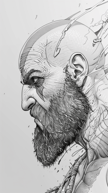 Black and white phone wallpaper featuring a detailed illustration of Kratos from the God of War series, showcasing his intense expression and iconic scar.
