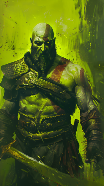 Phone wallpaper depicting Kratos from the God of War series, portrayed with a stern expression against a dynamic green splatter background.