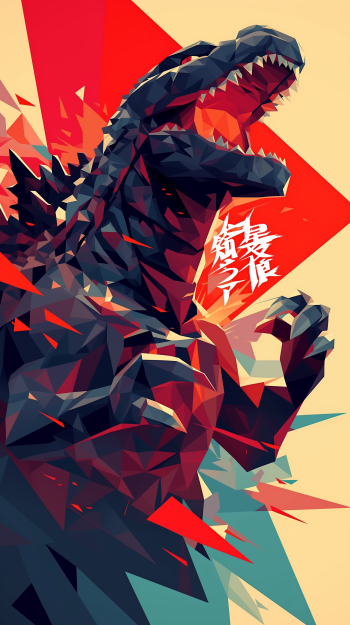 Stylized geometric illustration of Godzilla for a phone wallpaper with a vivid background and Japanese text.